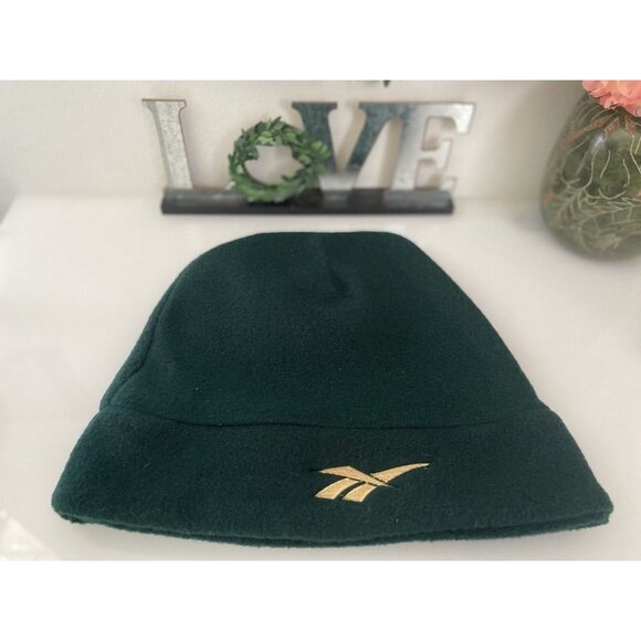 Vintage Reebok OSFA Cuffless Green Unisex Hat Beanie One Size Gold Logo EUC - Picture 2 of 16
